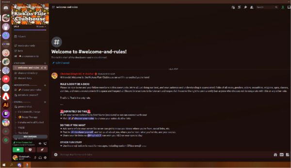Screenshot of the Kickass Flair Club Discord server welcome screen